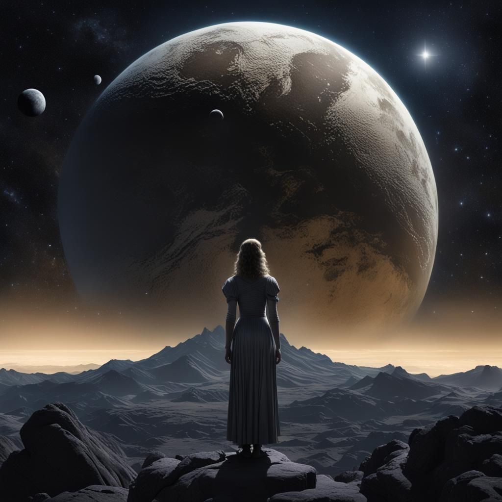 A goddess facing the night sky on pluto