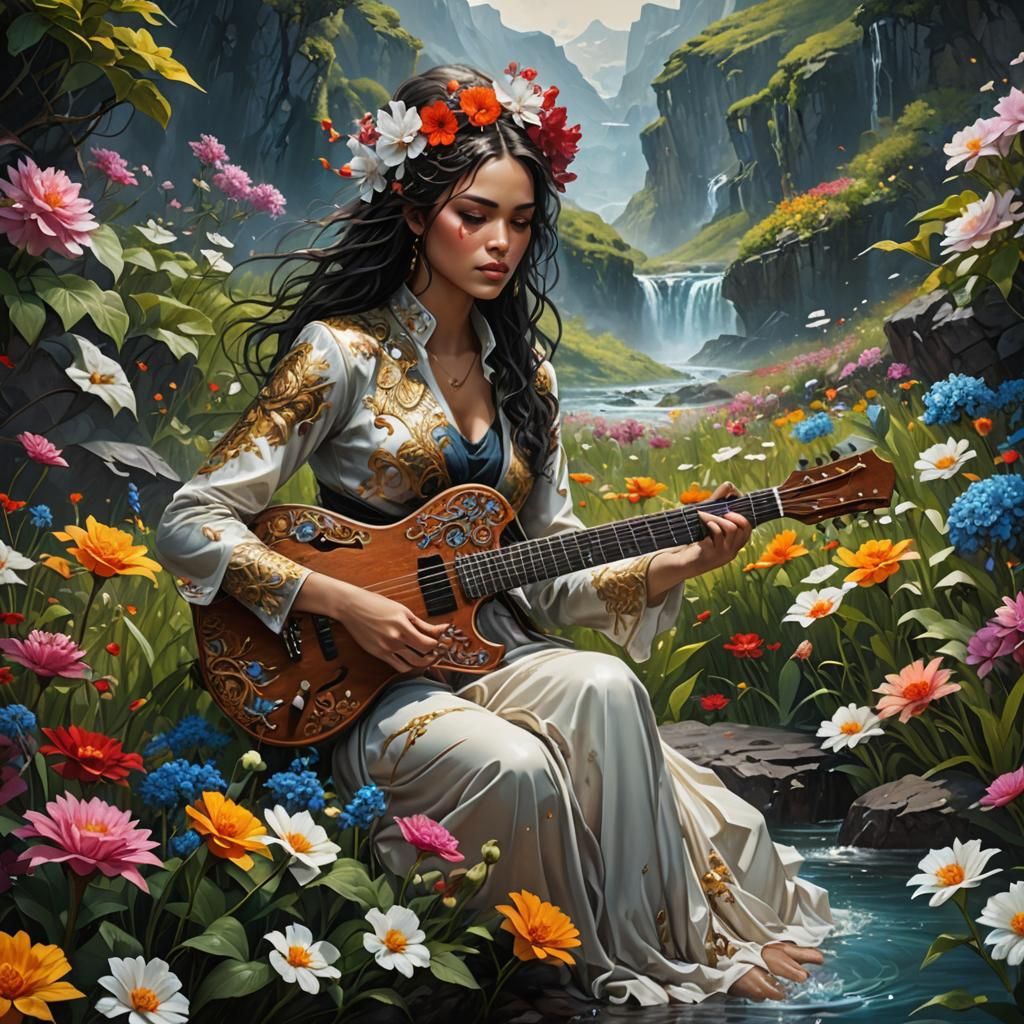 Guitarist in Floral Landscape: Detailed Matte Painting