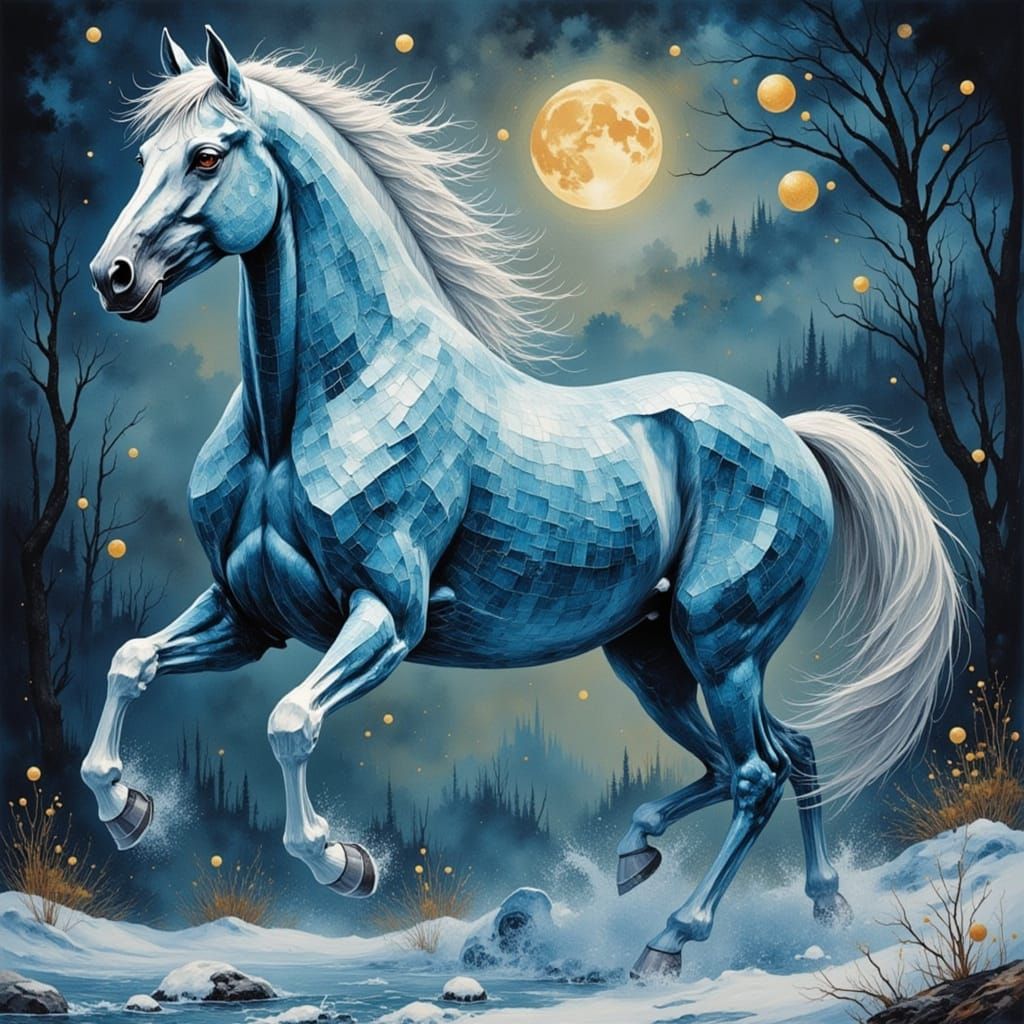 Elemental Ice Horse. <lora:ROUGH DIAMOND:1.0> <lora:Tile-SunshineFLUX:1.0> <lora:LAST FAIRYTALE:1.0> <lora:Dark WaterInk:1.0> Bucking. 