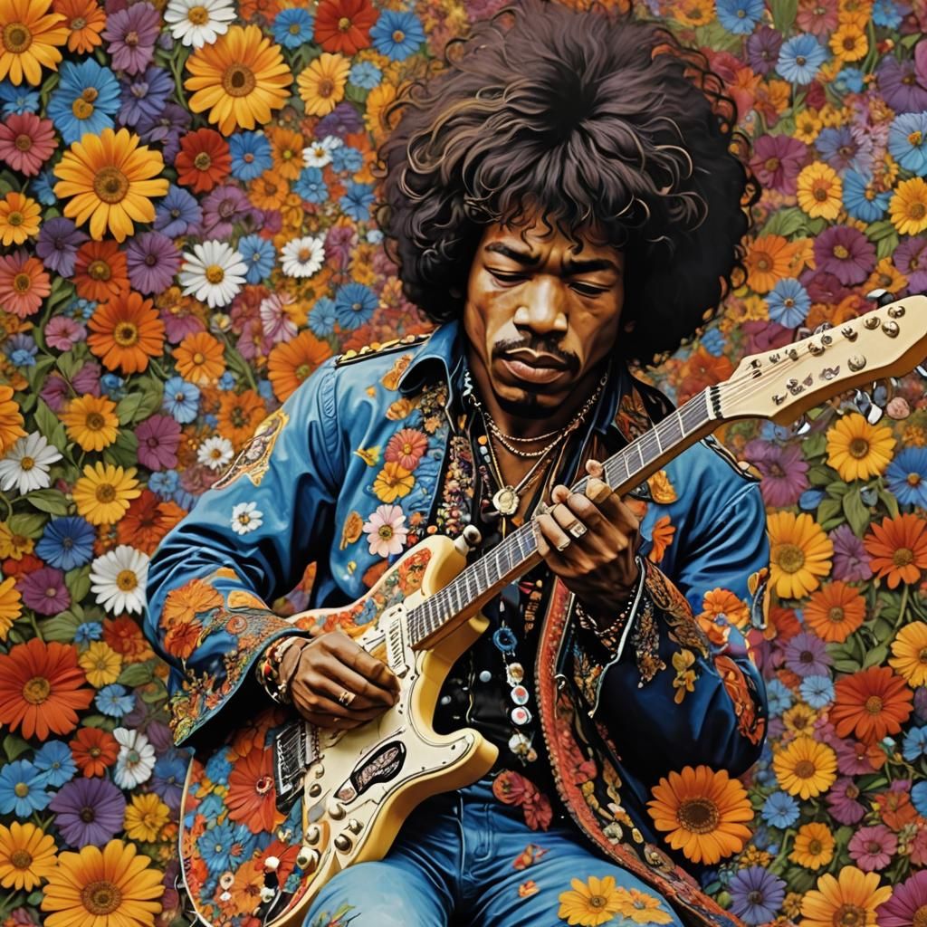 Hyperdetailed , masterpiece Jimi Hendrix with guitar flowerpower   by @PeteArtwork