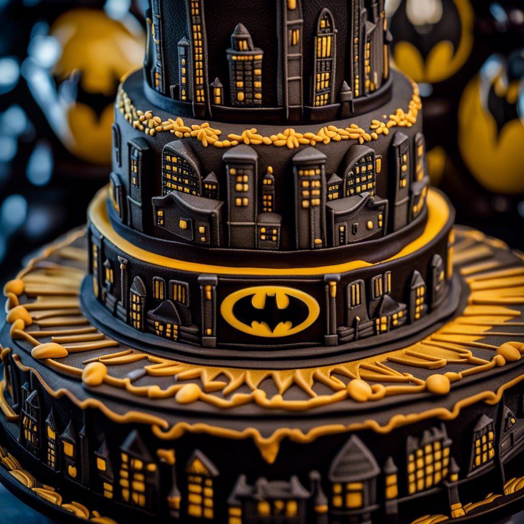 7 layer wedding cake, batman themed, intricately detailed hy...
