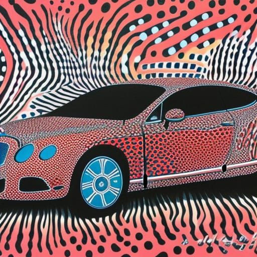 yayoi kusama style painting of a bentley