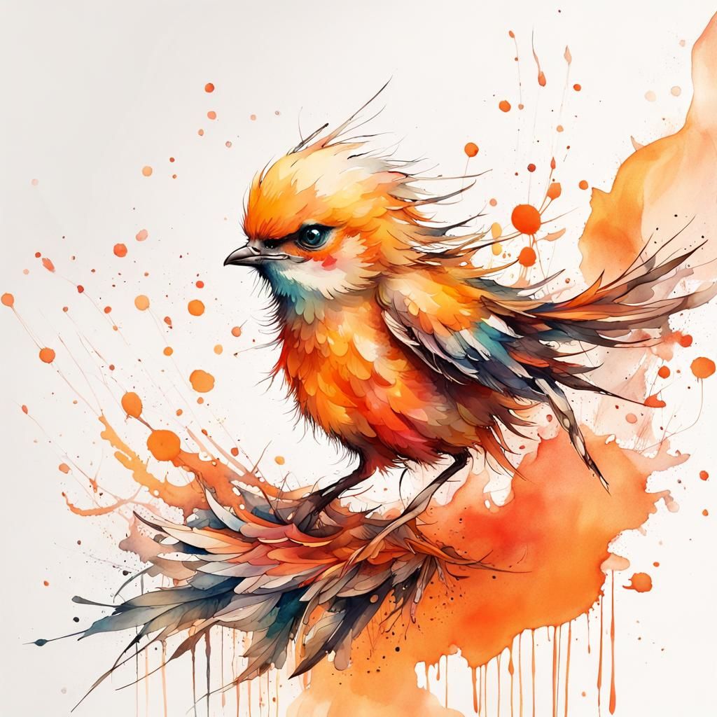Flawless watercolour orange shot of a beautiful cute chibified bird :: amazing ink splatters; perfect ...  by @Amoeba