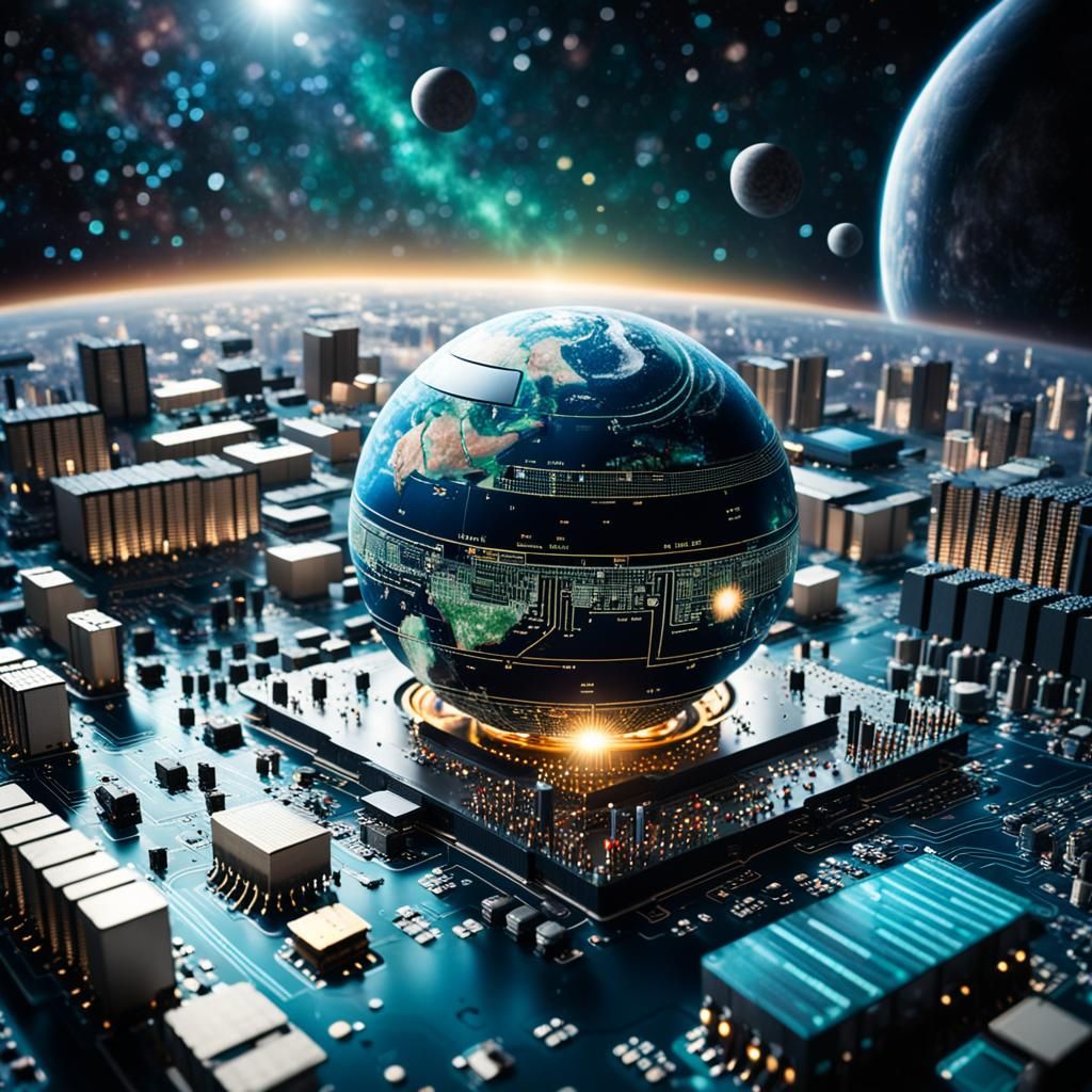 in space, a planet full covered with giant processors and giant electronic computer circuits  by @MoMoMat