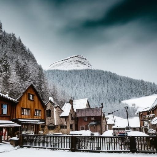 Little village(hogsmede) covered in snow cosy mountains in d...
