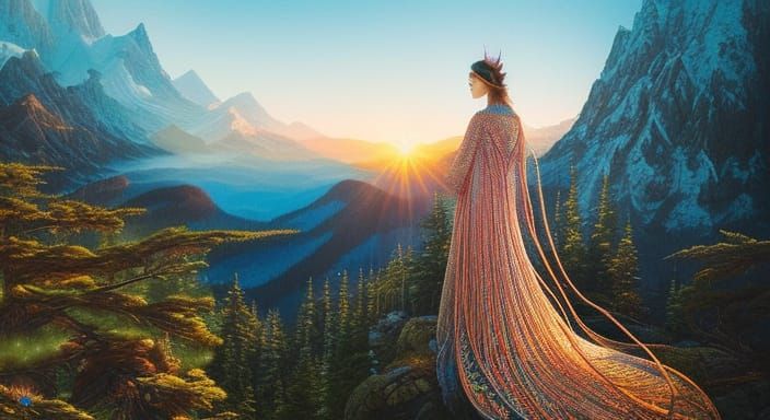 delighted sunset-woman in mountain network in warped perspec...