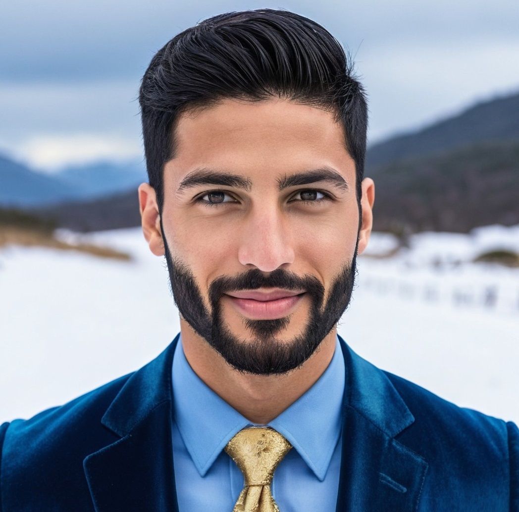 A handsome young man with beard wearing a blue velvet suit w...
