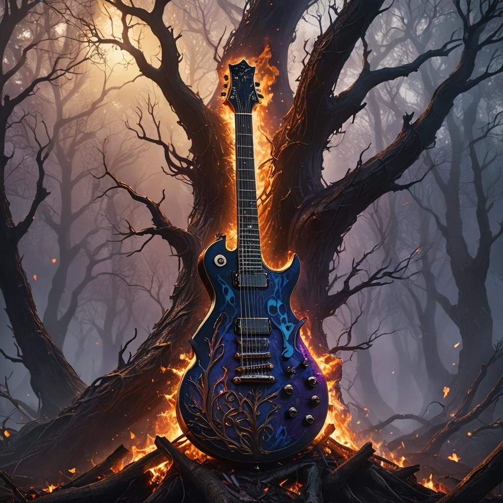 Burning Guitar in Mystical Forest: Gothic Fantasy Art