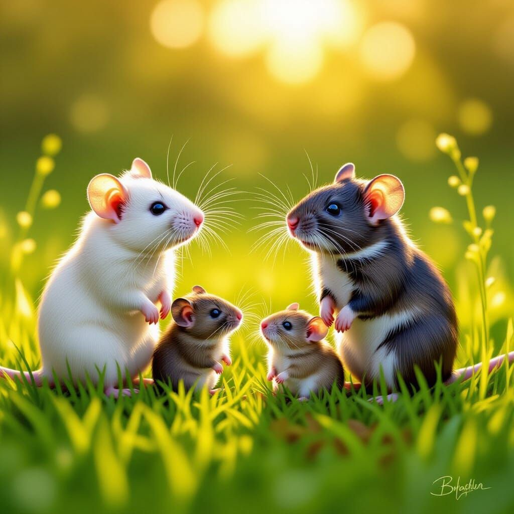 Four rats standing up in a circle on a field of green grass. Specifications rat 1: cream colored adult dumbo rat. Specifications rat 2: grey...