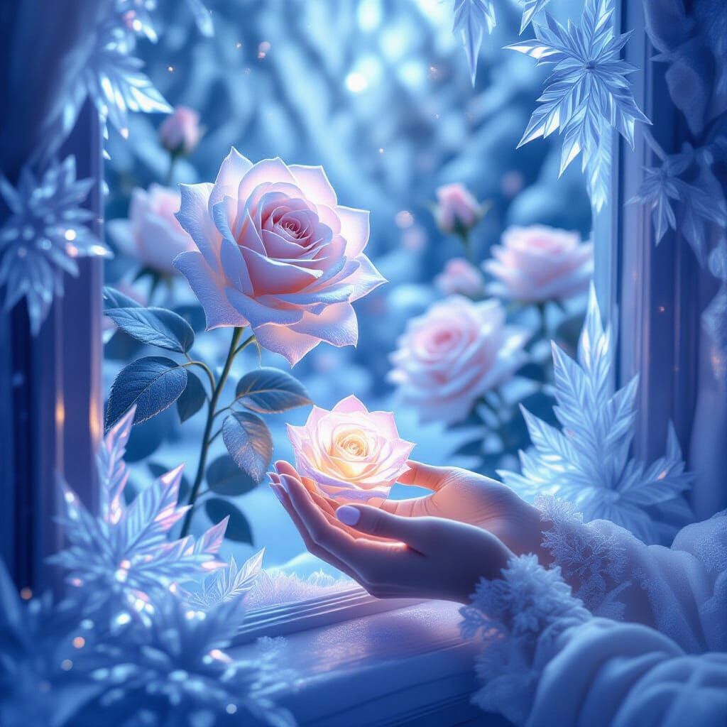 Prompt (English):  
Digital art, hyper-detailed, hyperrealistic fantasy scene in 8K. A frozen window with intricate, flower-shaped ice cryst...