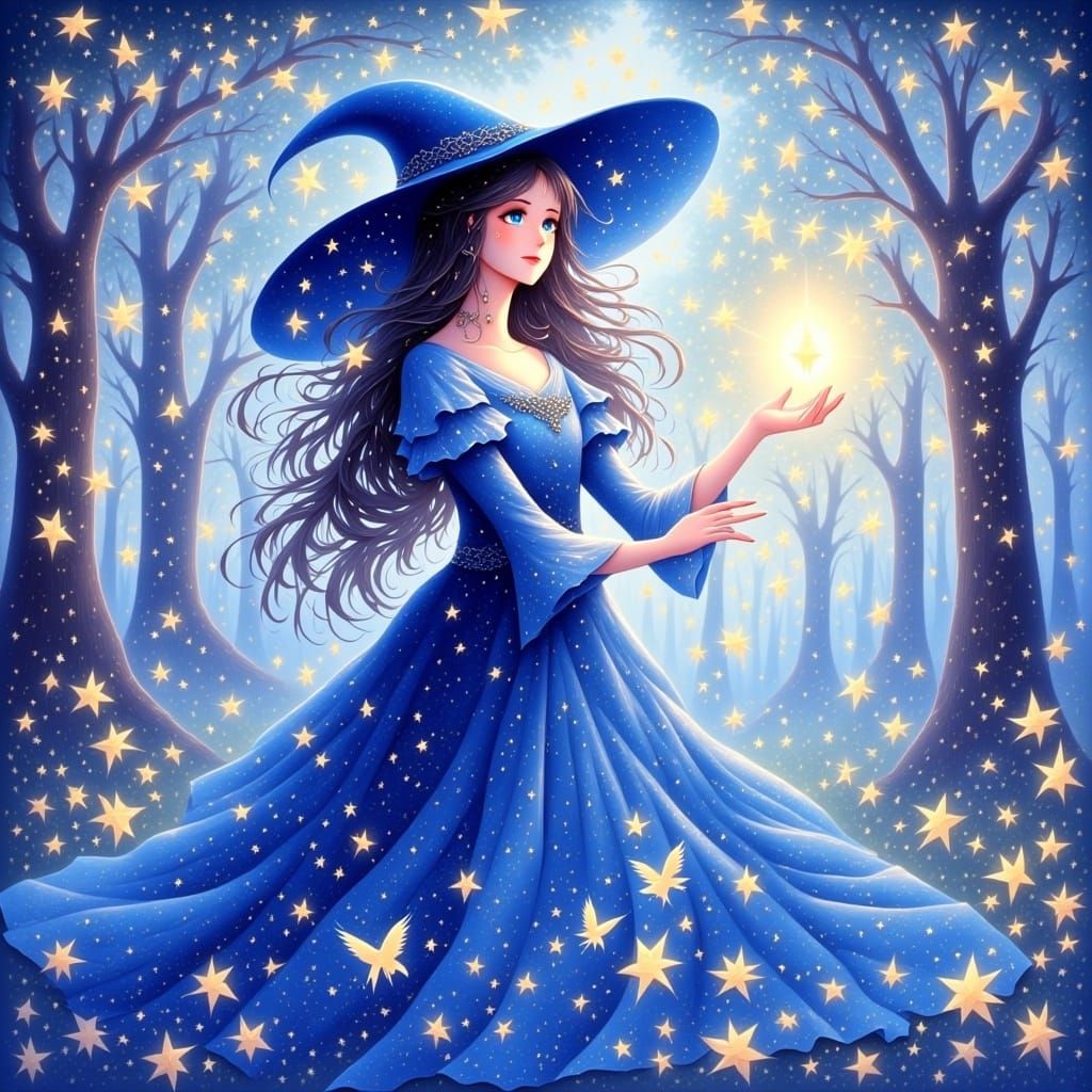 Woman magician in blue gown casing a spell  