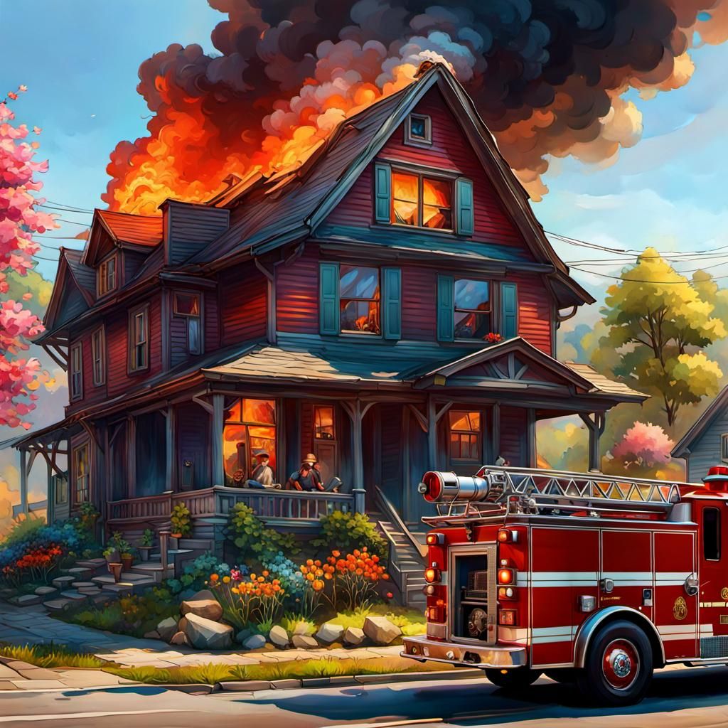 a red fire truck in front of a burning house, lots of people...