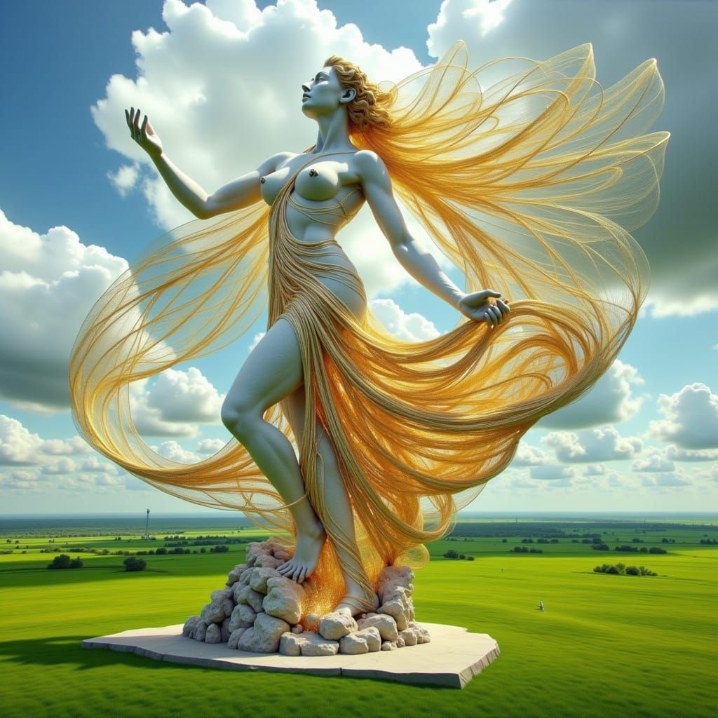 <lora:Weird Sculpture:1.0> A massive sculpture of a woman stands on a green field. It is made of stone and transparent golden wires. 