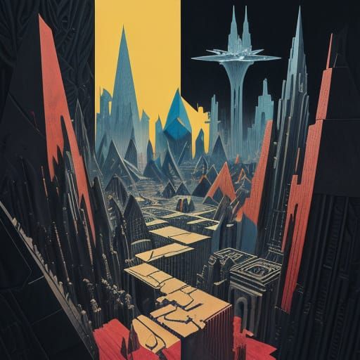 Dürer style Mathematical and cubist art technique melting in futuristic Sin City.. trespass.. Dürer with vivid colours geometry & geometric....