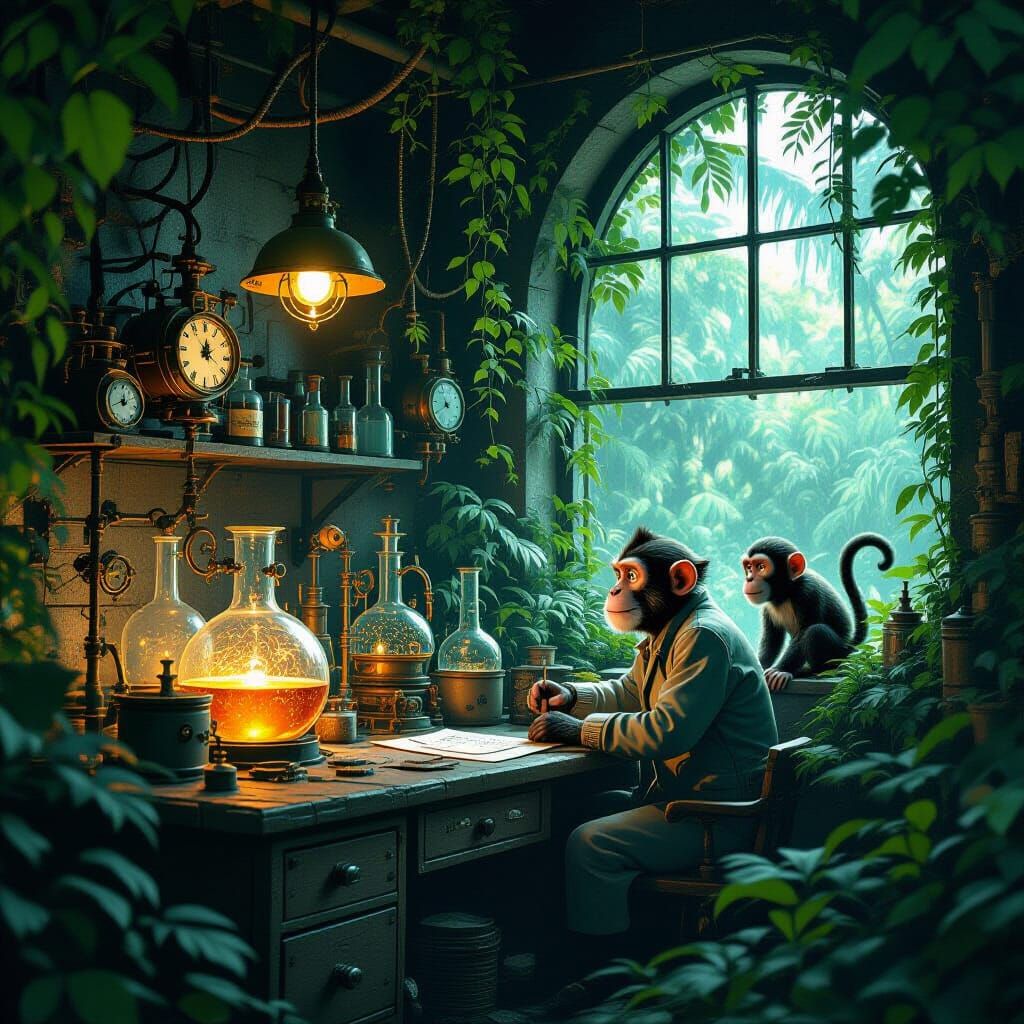 Steampunk Laboratory in Jungle, Nostalgic Film Style
