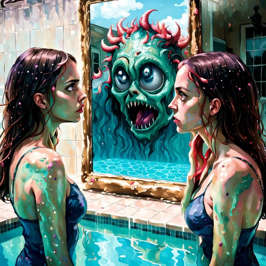 A woman gazing into a pool, seeing her reflection as a hideo...
