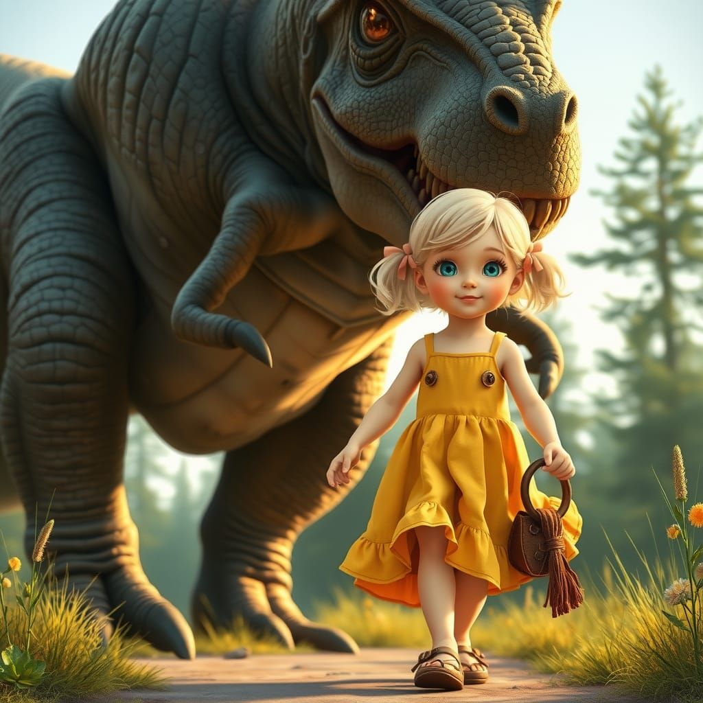 A little girl with blondevhair in pigtails is walking her extremely large terrifying T-Rex on a leash.