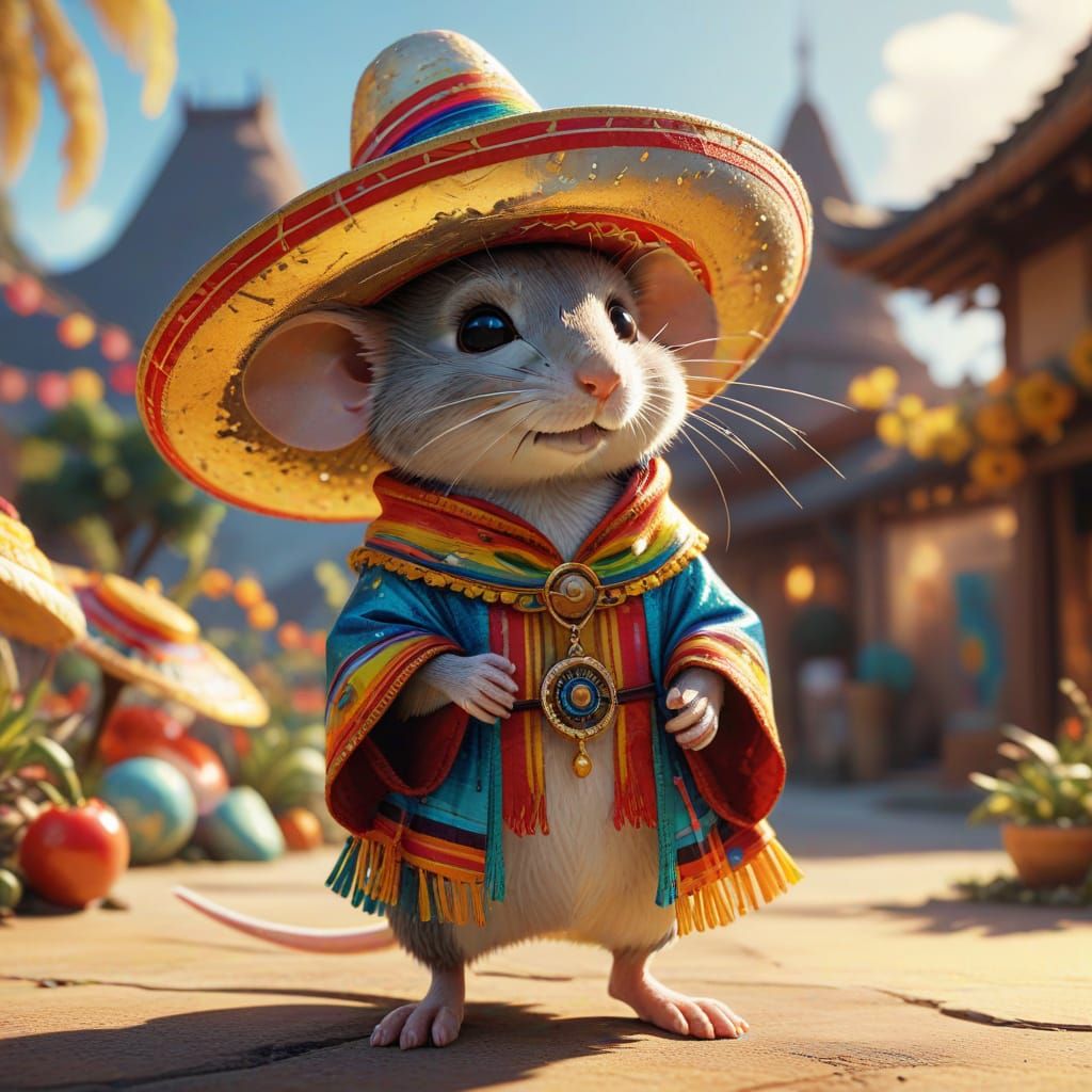 Cartoon Mouse in Sombrero: Vibrant 3D Anime Art