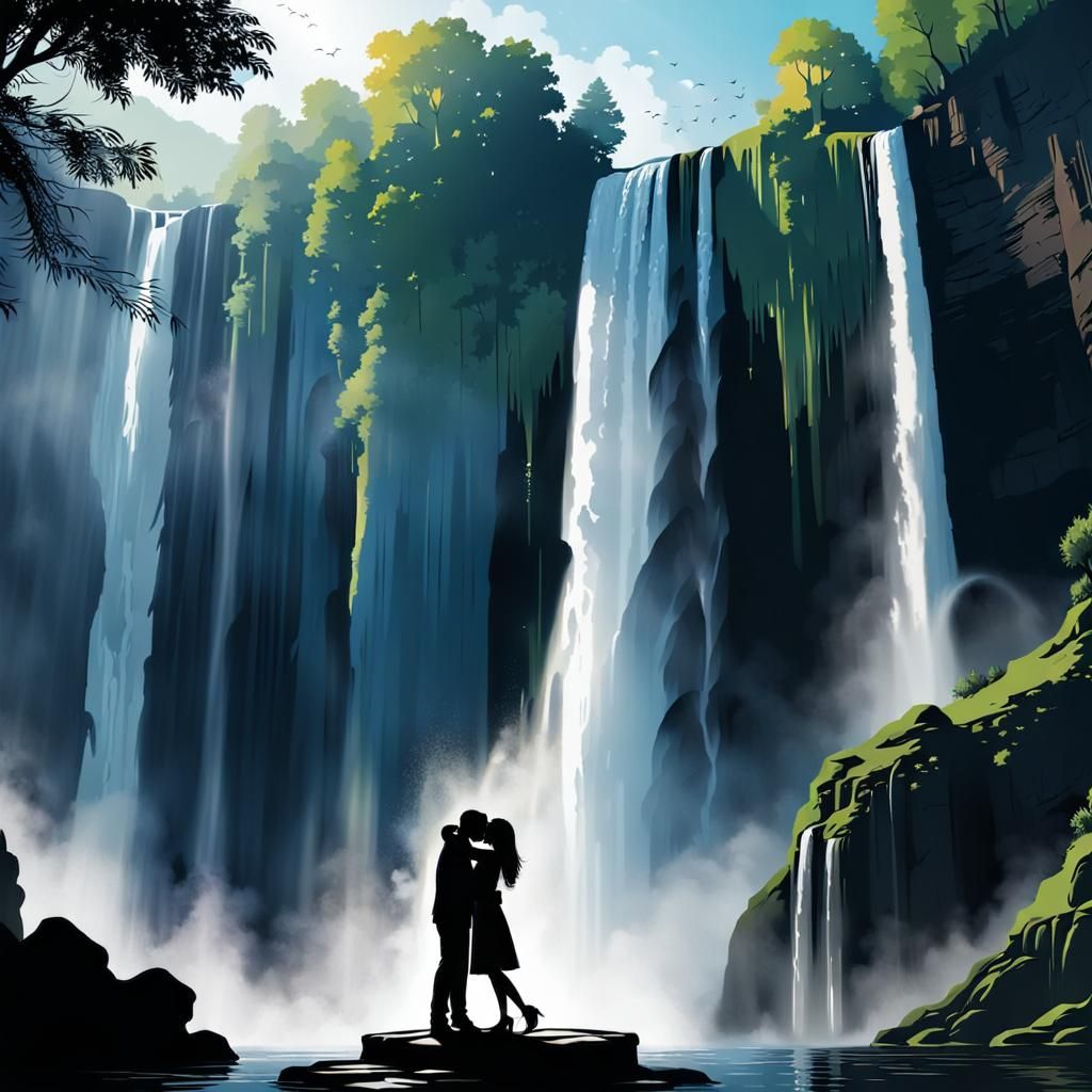 Silhouette of a couple embrace in a hug and deep kiss. Background a huge waterfall