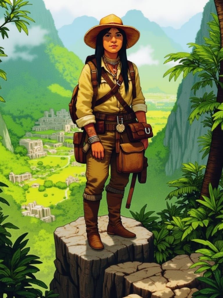 <lora:Jungle Adventure:1.0> A weathered, stoic native female explorer, clad in frayed cotton attire, worn leather boots, and a wide-brimmed ...