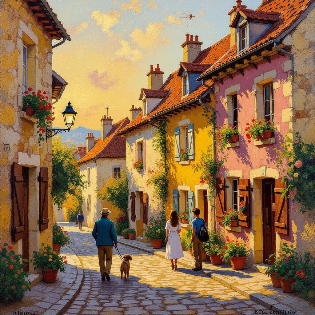 A subtle glow of warm colors and shadows as night falls over tall stone buildings that line both sides ...  by @Chippy