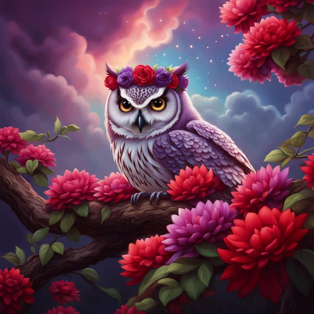 A Owl wearing a red and purple color beautiful Flower Crown....