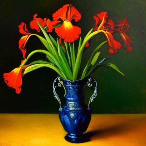 iris in a painted vase on dark wooden table oil by claude mo...