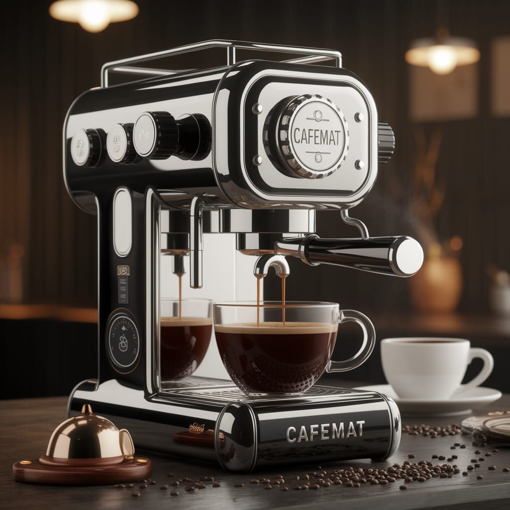 Steampunk Cafemat. A sleek, modern European-style coffee maker labeled "CAFEMAT" designed for passion, rich aroma and pe...