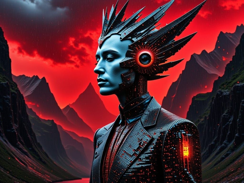 "white man with little shiny digital zebra hat"; diamonds and opal spikes; overhead point_of_view; icy blue on black 0s and 1s suit holding...