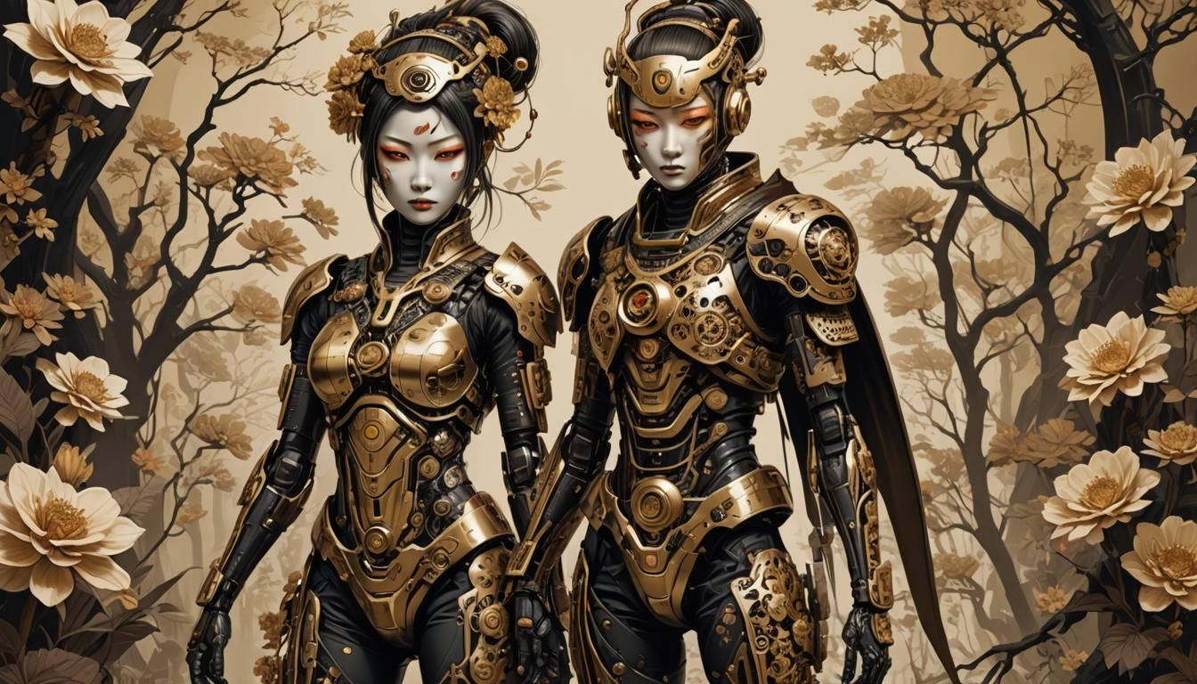 Full body Cyber Ninja and cyborg geisha, cybernetic organism...