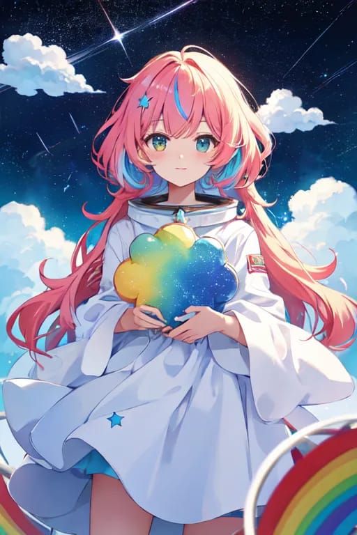 Fluffy clouds in space with rainbow stars