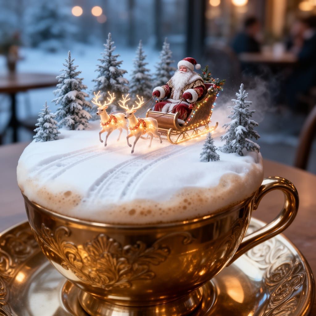 Гиперреалистичное изображение, кинематографическое освещение, сверхвысокое качество, 8K.
Зимнее уютное кафе, небольшой уличный столик. На ст...