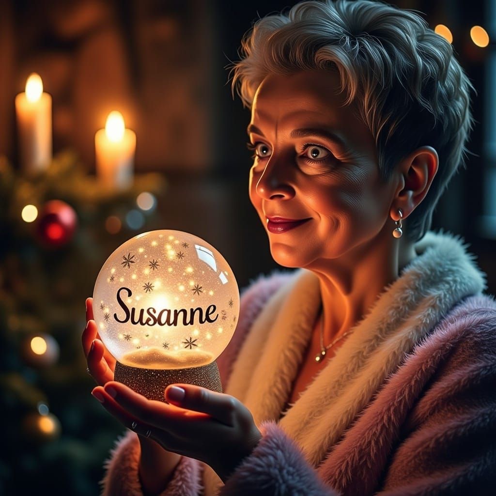 Woman <lora:Me:1.1> Mrs.Santa looking into a glowing Snowglo...