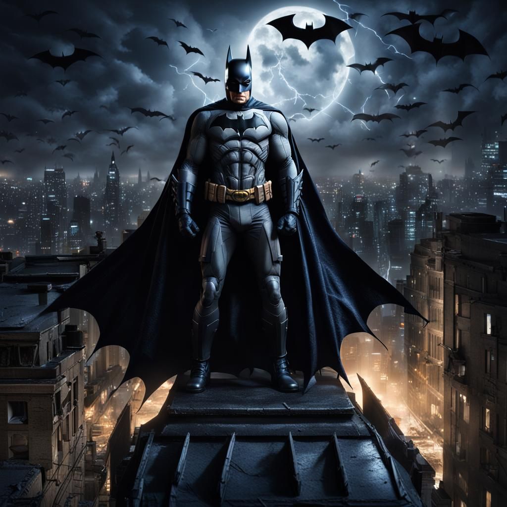Batman full body with angry face in Gotham City rooftop by n...