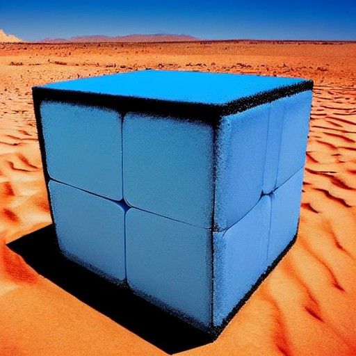Cube in desert with blue sky beautiful colorful cosmic
