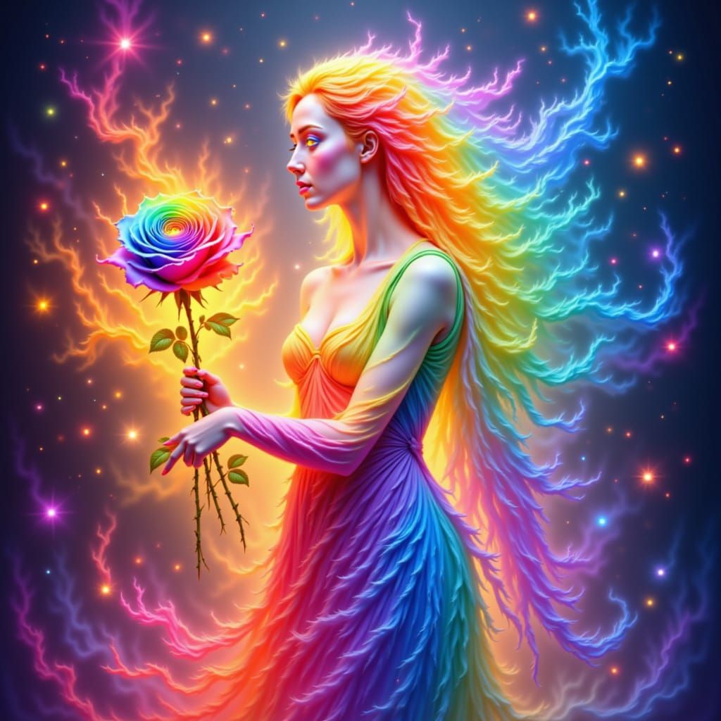 colorfull rainbow woman and colorfull rainbow rose of colorfull rainbow fire and colorfull rainbow fog . <lora:The Rainbow of Red:1.0>
