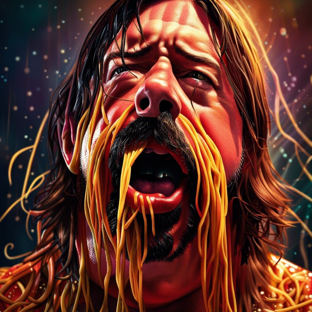 "Dave Grohl crying spaghetti out of his eyes", vibrant light...