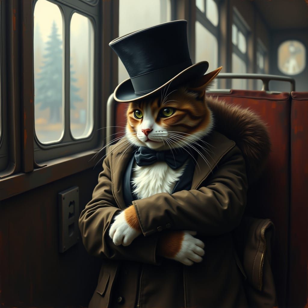 A cat wearing a top hat on a train in the style of contexture moody. <lora:Contexture Moody:1.0>