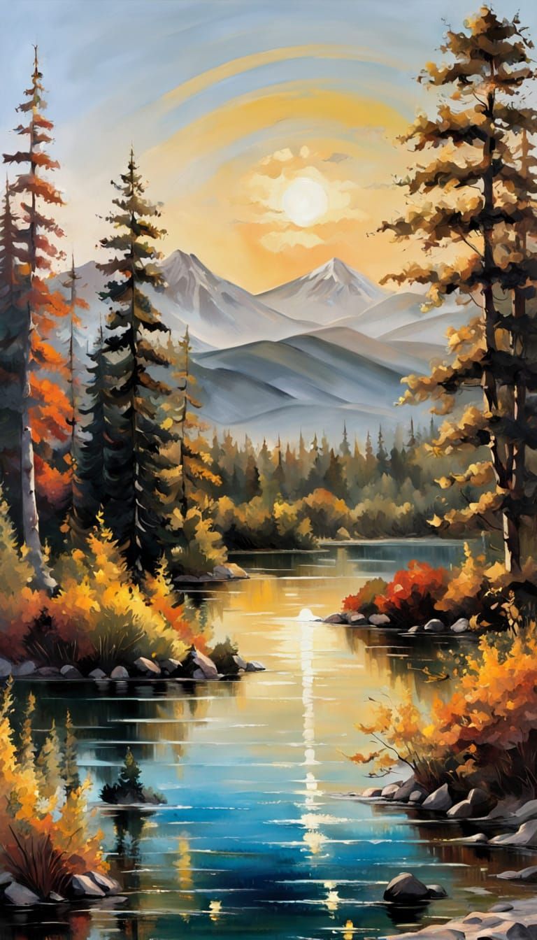 Mountain Lake Sunset in Oil Painting