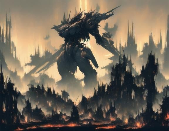 abstract fantasy, dystopian cityscape. A lithe and agile mecha stands tall and triumphant over a ruined city. Smoke and fire surround it. <l...