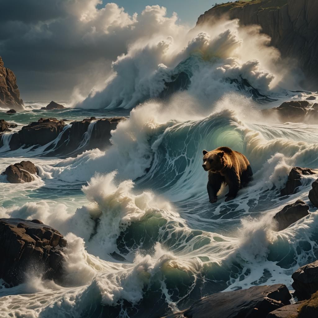 Bear falling off a cliff into the ocean with huge waves and water. Stormy with bold and dramatic lighting. Deep shadows. Realistic cinematic...
