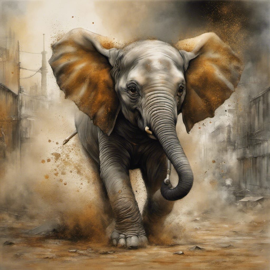 a baby elephant playing in the dust  by @artarthur