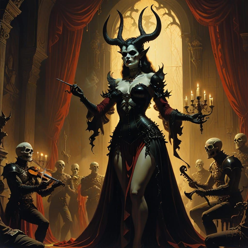 Dark Fantasy Minstrels Danced by Flickering Candelabras in a...