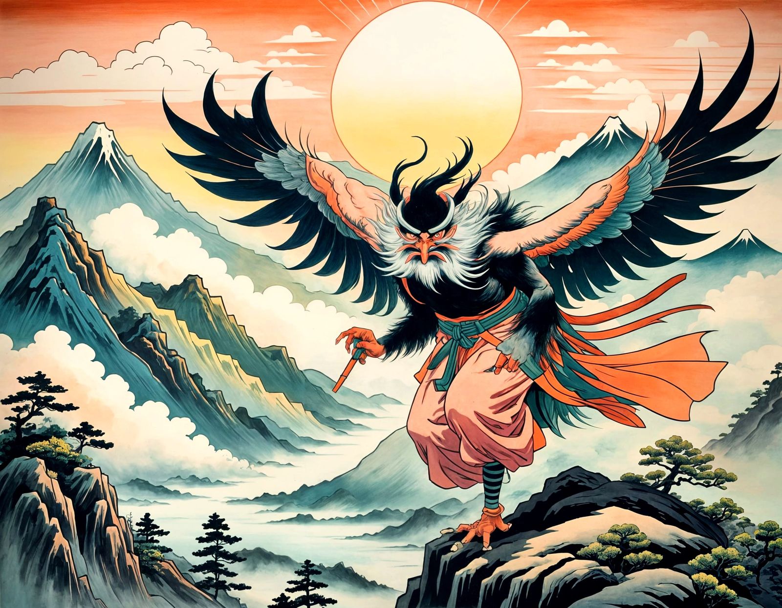 Tengu in Ukiyo-e Style with Pastel Colors