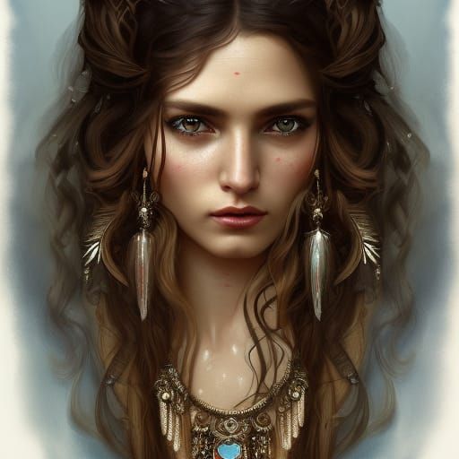intricate detailed realistic
gypsy woman with dark wavy flowing hair with jewlery and tattooes
head and shoulders portra...