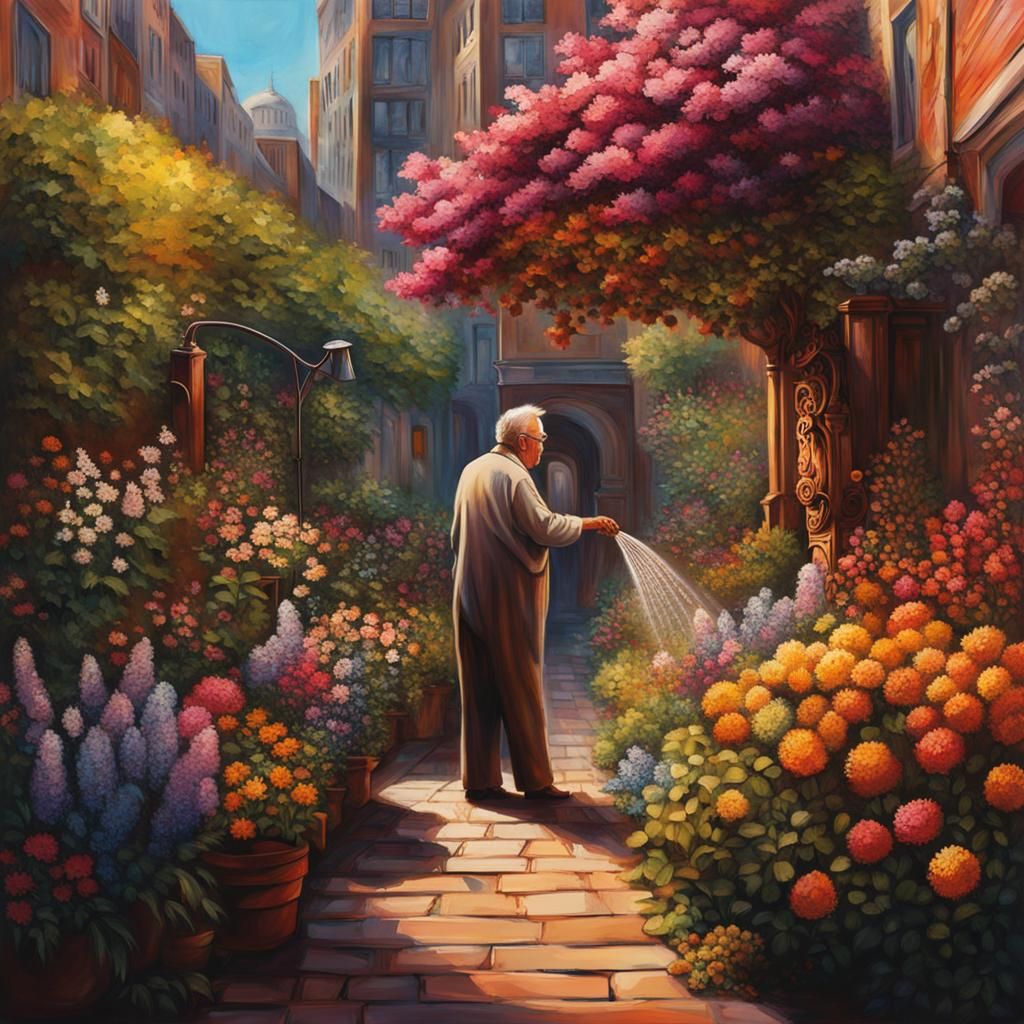 One old man watering flowers in a long narrow urban garden with many different flowers and shrub Hyperrealistic, ...  by @Missysmom