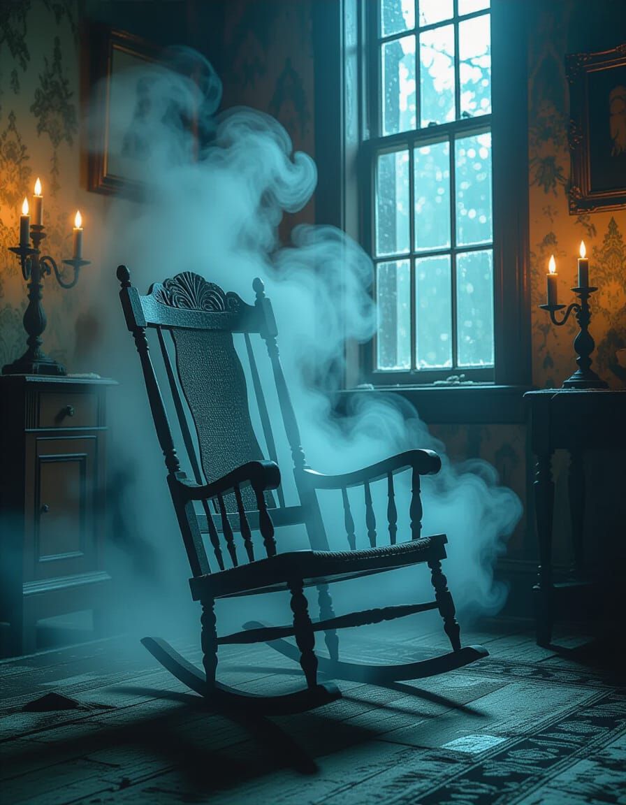 picture a ghostly rocking chair moving on its own in a dimly lit, abandoned mansion. The chair is old ...  by @Vic Dillinger