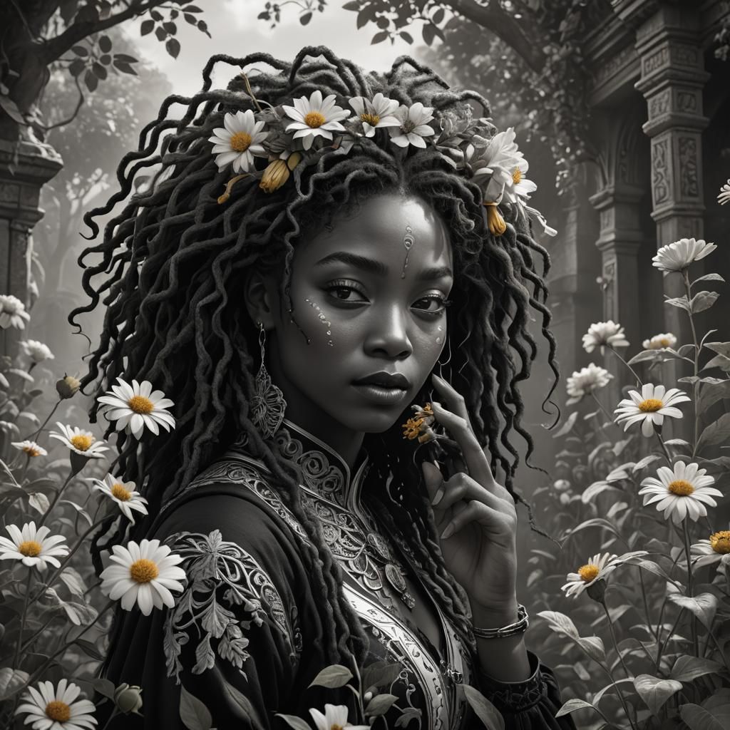 A black lady with locks smelling a flower, black and white p...