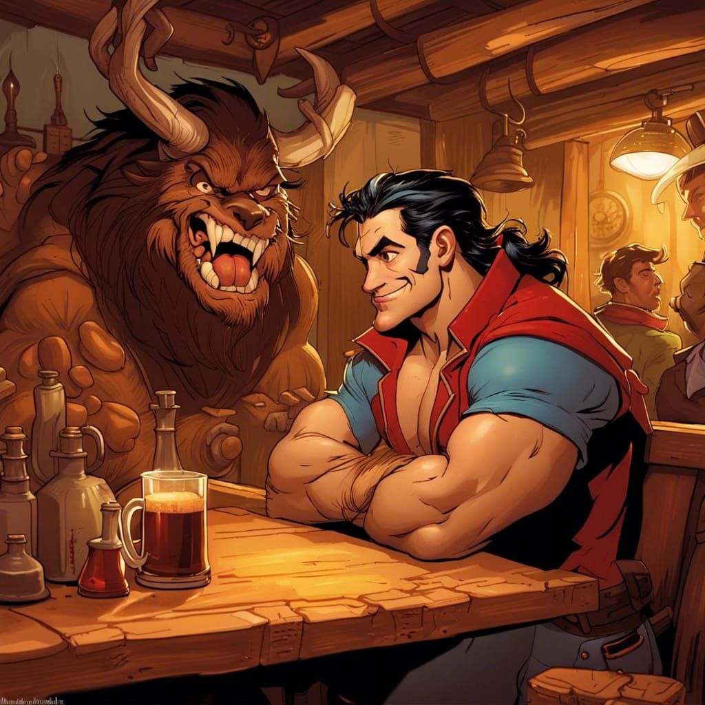 Gaston in a Tavern With Beast Head on his wall