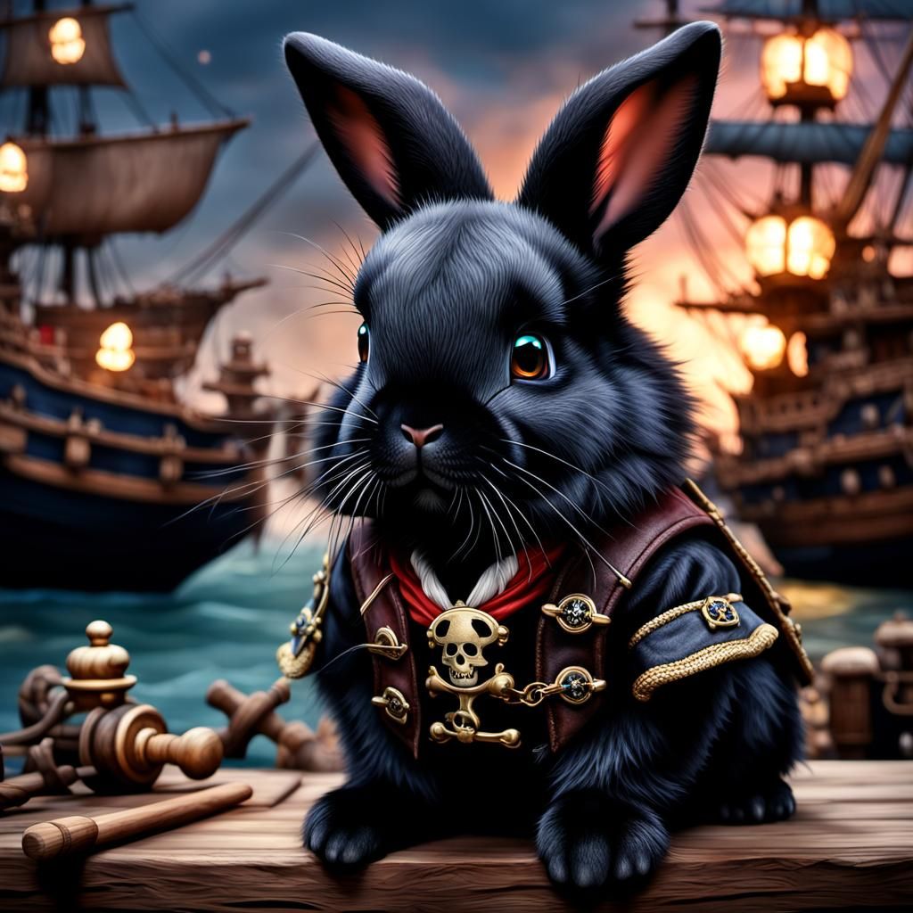 Portrait, cute black bunny wearing pirate outfit, scene nigh...